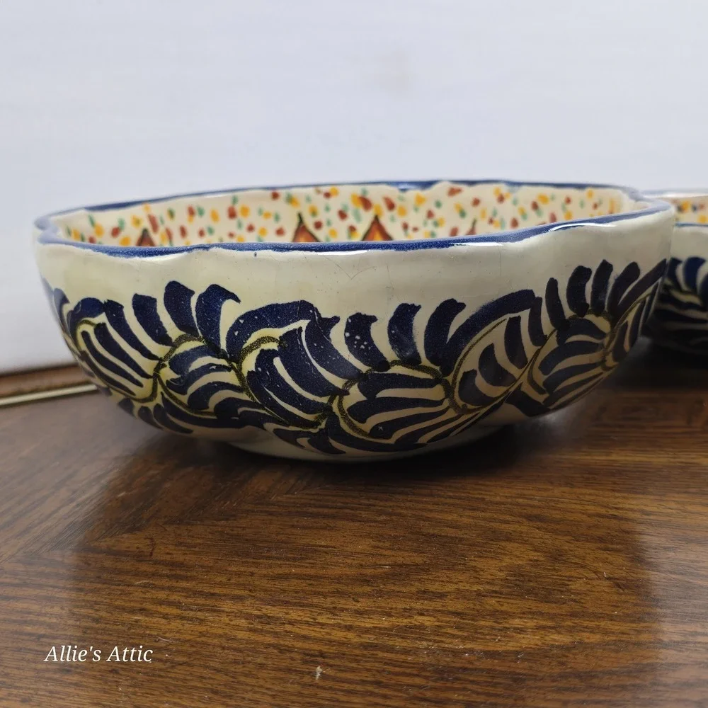Vintage Celestial Bowl Sun Flower Yellow Blue Stacking Nesting Set Clay Handmade